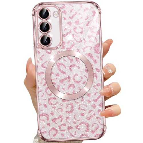 Oelrstfe Magnetisch Hülle für Samsung Galaxy S23 5G, Kompatibel mit MagSafe, Transparent Silikon TPU Handyhülle [mit Leoparden Muster Motive Glitzer Karte], Kratzfeste Stoßfest für Samsung S23, Rosa von Oelrstfe