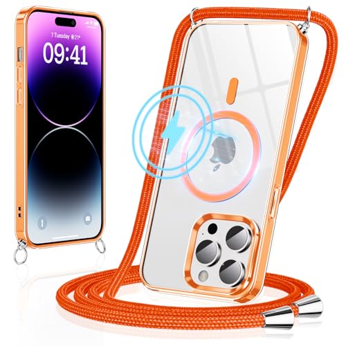 Oelrstfe Magnetische Handykette für iPhone 14 Pro Max Hülle mit Band, Transparent Handyhülle mit Kordel Necklace, Kompatibel mit MagSafe, Schutzhülle zum Umhängen für iPhone 14Pro Max, Orange Oelrstfe Magnetische Handykette für iPhone 14 Pro Max Hülle mit Band, Transparent Handyhülle mit Kordel Necklace, Kompatibel mit MagSafe, Schutzhülle zum Umhängen für iPhone 14Pro Max, Orange von Oelrstfe