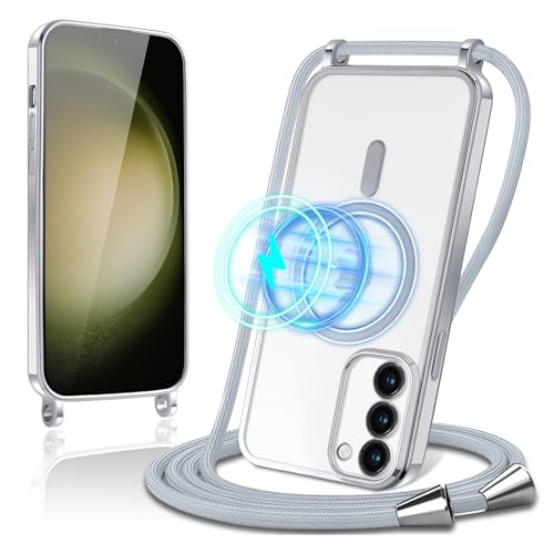 Oelrstfe Magnetische Handykette mit Band für Samsung Galaxy S23 5G Hülle - Necklace HandyHülle Transparente zum Umhängen mit justierbarer und Abnehmbarer Kette, Crossbody Magnet Clear Cover(Silber) von Oelrstfe