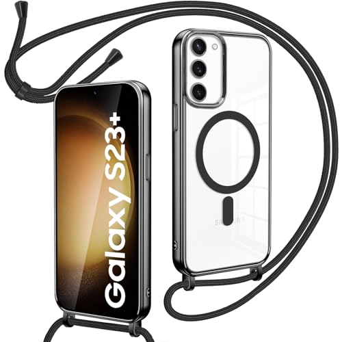 Oelrstfe Magnetische Handykette mit Band für Samsung Galaxy S23 Plus 5G Hülle,Necklace HandyHülle Transparente zum Umhängen mit justierbarer und Abnehmbarer Kette, Crossbody Magnet Clear Cover,Schwarz von Oelrstfe