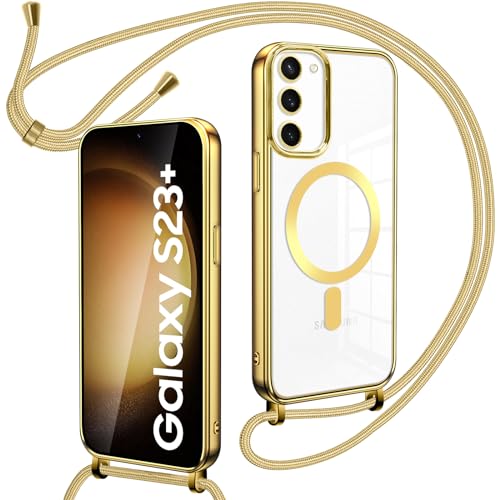 Oelrstfe Magnetische Handykette mit Band für Samsung Galaxy S23 Plus 5G Hülle,Necklace HandyHülle Transparente zum Umhängen mit justierbarer und Abnehmbarer Kette, Crossbody Magnet Clear Cover - Gold von Oelrstfe