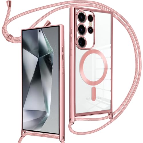 Oelrstfe Magnetische Handykette mit Band für Samsung Galaxy S24 Ultra Hülle,Necklace HandyHülle Transparente zum Umhängen mit justierbarer und Abnehmbarer Kette,Crossbody Magnet Clear Cover,Rose-Gold von Oelrstfe