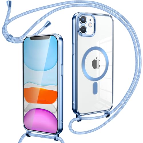 Oelrstfe Magnetische Handykette mit Band für iPhone 11 Hülle - Necklace HandyHülle Transparente zum Umhängen mit justierbarer und Abnehmbarer Kette, Crossbody Magnet Clear Cover - Blau von Oelrstfe