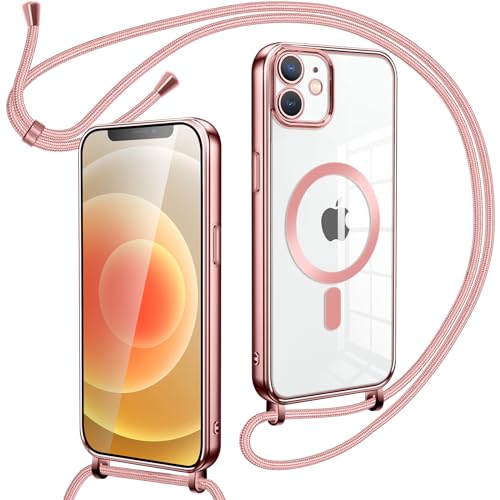 Oelrstfe Magnetische Handykette mit Band für iPhone 12 Hülle - Necklace HandyHülle Transparente zum Umhängen mit justierbarer und Abnehmbarer Kette, Crossbody Magnet Clear Cover - Rose-Gold von Oelrstfe