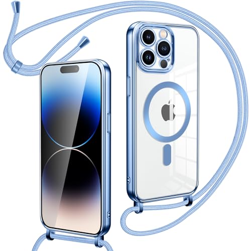 Oelrstfe Magnetische Handykette mit Band für iPhone 14 Pro Hülle - Necklace HandyHülle Transparente zum Umhängen mit justierbarer und Abnehmbarer Kette, Crossbody Magnet Clear Cover - Blau von Oelrstfe