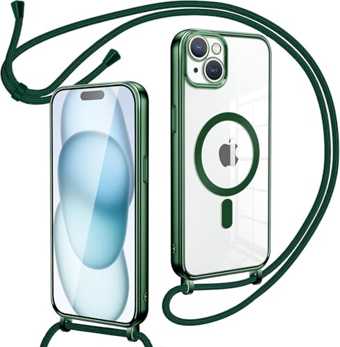 Oelrstfe Magnetische Handykette mit Band für iPhone 15 Hülle - Necklace HandyHülle Transparente zum Umhängen mit justierbarer und Abnehmbarer Kette, Crossbody Magnet Clear Cover(Grün) von Oelrstfe