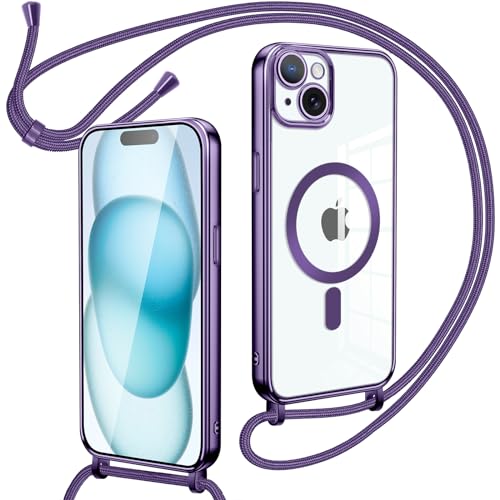 Oelrstfe Magnetische Handykette mit Band für iPhone 15 Hülle - Necklace HandyHülle Transparente zum Umhängen mit justierbarer und Abnehmbarer Kette, Crossbody Magnet Clear Cover - Violett von Oelrstfe