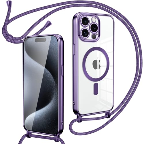 Oelrstfe Magnetische Handykette mit Band für iPhone 15 Pro Max Hülle - Necklace HandyHülle Transparente zum Umhängen mit justierbarer und Abnehmbarer Kette, Crossbody Magnet Clear Cover - Violett von Oelrstfe