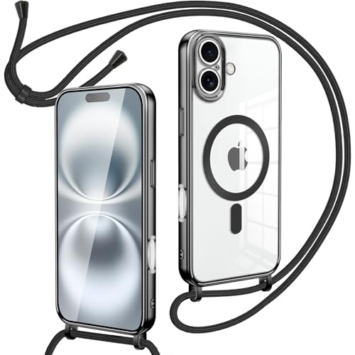 Oelrstfe Magnetische Handykette mit Band für iPhone 16 Plus Hülle - Necklace HandyHülle Transparente zum Umhängen mit justierbarer und Abnehmbarer Kette, Crossbody Magnet Clear Cover(Schwarz) von Oelrstfe