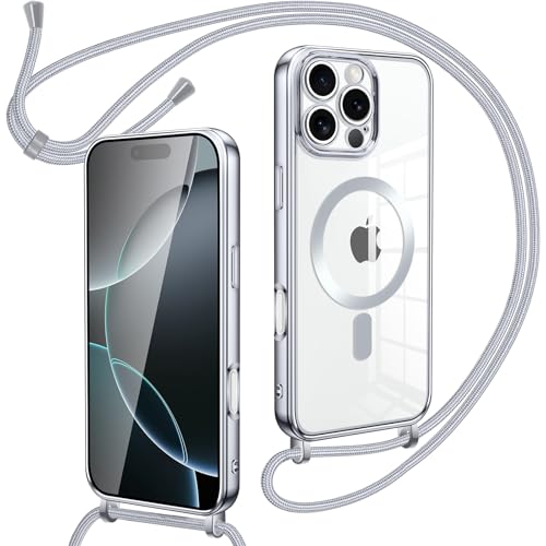 Oelrstfe Magnetische Handykette mit Band für iPhone 16 Pro Max Hülle - Necklace HandyHülle Transparente zum Umhängen mit justierbarer und Abnehmbarer Kette, Crossbody Magnet Clear Cover(Silber) von Oelrstfe