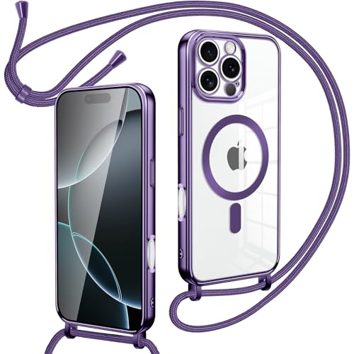 Oelrstfe Magnetische Handykette mit Band für iPhone 16 Pro Max Hülle - Necklace HandyHülle Transparente zum Umhängen mit justierbarer und Abnehmbarer Kette, Crossbody Magnet Clear Cover(Violett) von Oelrstfe