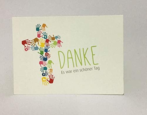 5 Hochwertige Danksagungskarten Doppelkarte - Klappkarte „Danke“ Kommunion"Kreuz aus Kinderhänden" C6 mit farbigem Umschlag von Oermann