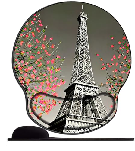 OfFsum ergonomisches Mauspad mit Gelkissen 25,5 x 23 cm, Mauspad mit Handballenauflage für Computer/PC, Handgelenk Entlastung, Vorbeugung Sehnscheidenentzündung-Blumen und Eiffelturm von OfFsum