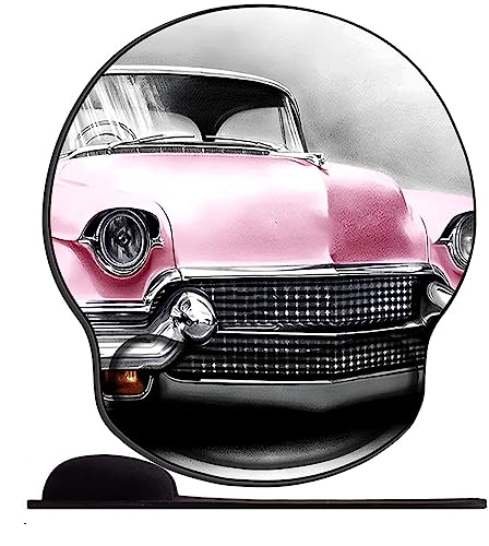 OfFsum ergonomisches Mauspad mit Gelkissen 25,5 x 23 cm, Mauspad mit Handballenauflage für Computer/PC, Handgelenk Entlastung, Vorbeugung Sehnscheidenentzündung-Retro rosa Auto von OfFsum