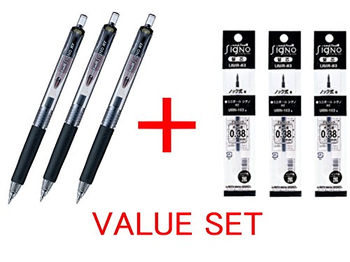 OfficeCentre Uni-Ball Signo RT Gummi Halt & klickt einziehbar ultra Mikro Punktgelkugelschreiber -0.38mm, Schwarz Tinte-3 Kugelschreiber & 3 Kugelschreiber füllt nach, Wert Satz von OfficeCentre