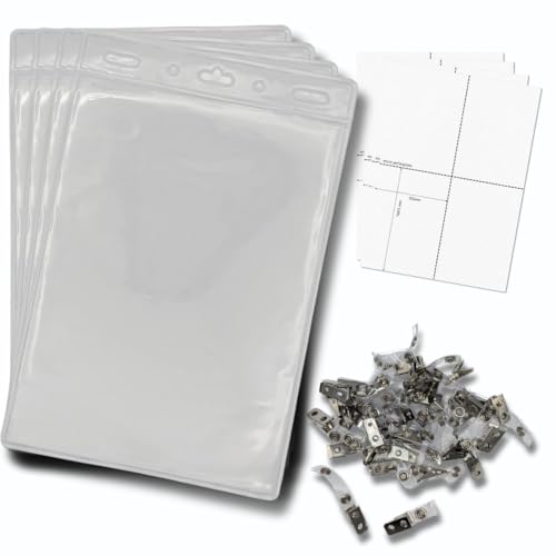 OfficeGear Ausweishalter, vertikale Aufhängung, Größe A6, 105 x 150 mm, mit Ansteckklammern und bedruckbaren Einsätzen, oben offen für Ausweise, Pässe, Delegierte, Aussteller, Besucher, Abzeichen, 50 von OfficeGear