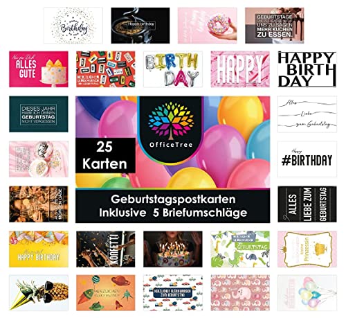 OfficeTree 25x Geburtstagskarten Set mit Umschlag 5 Stück - Geburtstagskarte A6 - Postkarten Set Geburtstag - Glückwunschkarten mit deutschen Sprüchen - Karte Geburtstag - Grußkarten von OfficeTree