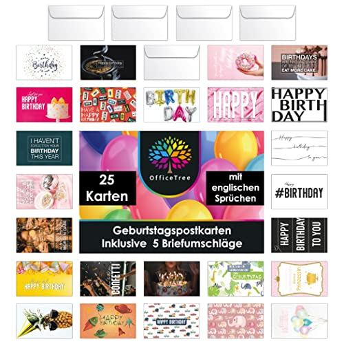 OfficeTree 25x Geburtstagskarten Set mit Umschlag 5 Stück - Geburtstagskarte A6 - Postkarten Set Geburtstag - Glückwunschkarten mit englischen Sprüchen - Karte Geburtstag - Grußkarten OfficeTree 25x Geburtstagskarten Set mit Umschlag 5 Stück - Geburtstagskarte A6 - Postkarten Set Geburtstag - Glückwunschkarten mit englischen Sprüchen - Karte Geburtstag - Grußkarten von OfficeTree