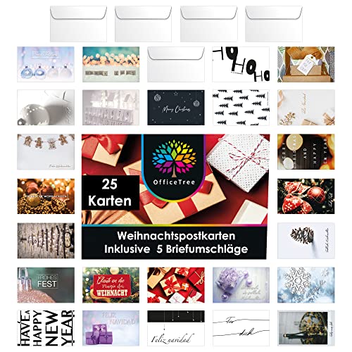 OfficeTree 25x Weihnachtspostkarten Set mit 5 Umschlägen - Weihnachtskarten Set mit Umschlag - Deutsche, Englische und Spanische Sprüche zu Weihnachten und Neujahr - Weihnachts Postkarten - XMAS Cards von OfficeTree