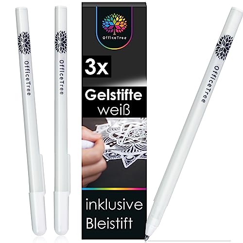 OfficeTree 3 x Gelstifte Weiß zum Zeichnen - Fein 0,75mm & Bleistift - Weißer Gelstift Zum Zeichnen - Für Gästebücher und Malen auf schwarzem Papier von OfficeTree