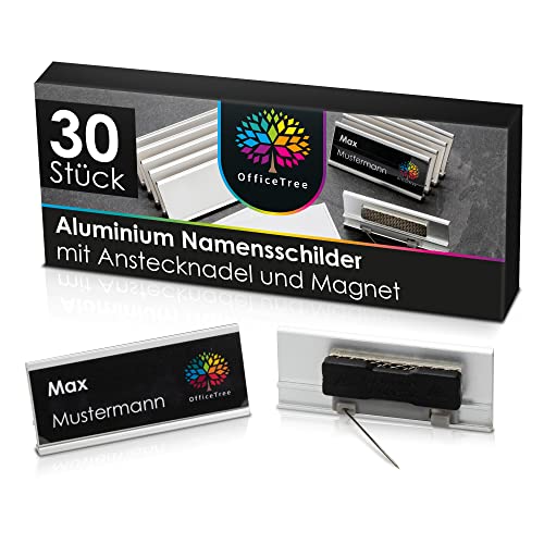 OfficeTree 30 x Aluminium Namensschilder Magnet inklusive Anstecknadel - Name Tag Magnet - Namensschilder für Kleidung Magnet - Namensschilder Magnetisch für Messen Seminare Events von OfficeTree