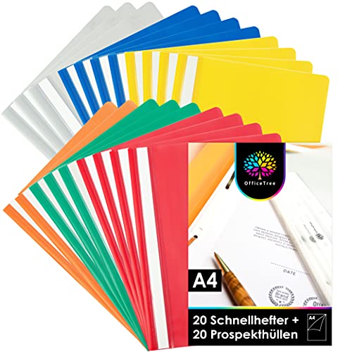 OfficeTree 40er Schnellhefter Set Bunt - 20 x Schnellhefter A4 Bunt inklusive 20 x Prospekthüllen A4 Glasklar - DIN A4 Schnellhefter Farbig - Hefter A4 für Grundschule Schule Uni von OfficeTree