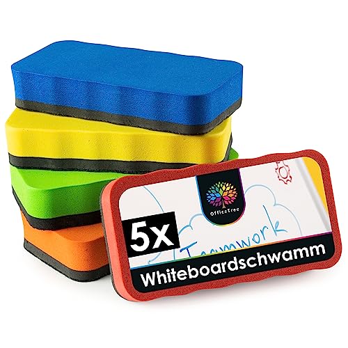 OfficeTree 5x Whiteboard Schwamm Magnetisch - 5 Farben - Whiteboard Reiniger entfernt Schrift und Zeichnungen - Schwamm für Whiteboard - Whiteboard Wischer - Tafelwischer - Magnetschwamm von OfficeTree