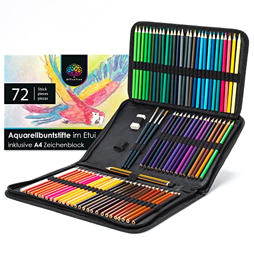 OfficeTree 72 Aquarellstifte Buntstifte Set Groß inklusive Zeichenblock A4 - Aquarellstifte Set für Erwachsene mit Etui - Aquarellstifte Wasservermalbar Set mit Bleistift & Radiergummi von OfficeTree