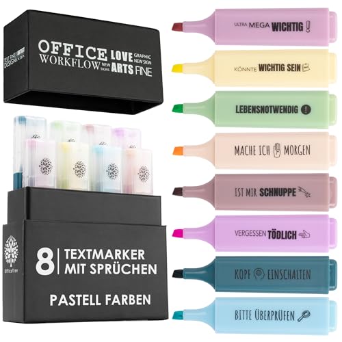 OfficeTree 8x Textmarker mit Sprüchen - Pastell Farben - inkl. Aufbewahrungsbox - motivierende und lustige Textmarker Büro Uni Schule - Textmarker lustig als Geschenkidee - lustige Bürostifte von OfficeTree