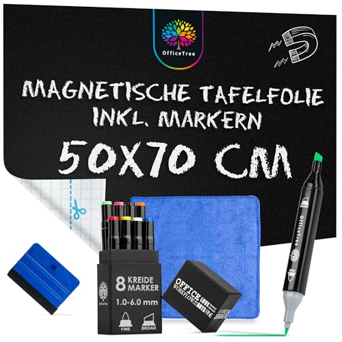 OfficeTree Magnetische Tafelfolie Selbstklebend 50x70 cm - 8 x Kreidemarker Bunt - Magnetfolie Selbstklebend - Fenstermalstifte Abwaschbar Kinder - Kreidefolie und Marker inklusive Tuch & 2 x Kreide von OfficeTree