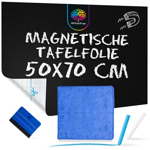 OfficeTree Magnetische Tafelfolie Selbstklebend 50x70 cm inkl. Kreide, Tuch & Rakel - Magnetfolie Selbstklebend - Magnetische Kreidefolie - Tafelfolie Magnetisch Selbstklebend - Magnetfolie Schwarz von OfficeTree