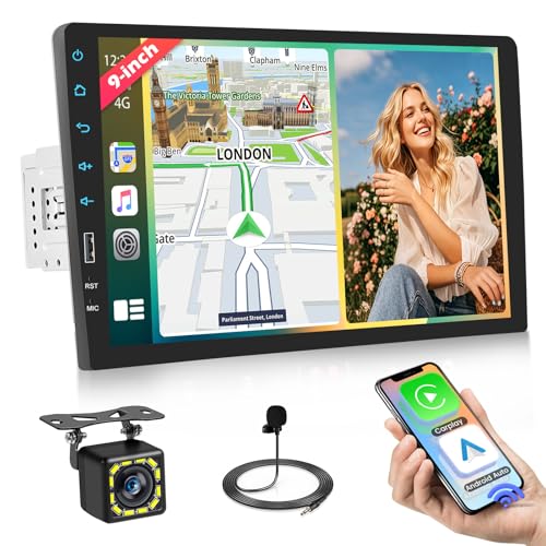 Ohradio 1 Din Autoradio mit Bildschirm 9 Zoll Car Radio Bluetooth Wireless Carplay Android Auto mit Bluetooth/Mirror Link/FM Radio/USB/EQ/SWC mit HD Rückfahrkamera MIC von Ohradio