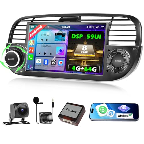 Ohradio 4GB+64GB Android Autoradio für FIAT 500 2007-2015 Radio Auto Wireless Carplay Android Auto 7 Zoll Touchscreen mit GPS WiFi FM/RDS 32EQ DSP Rückfahrkamera MIC (Schwarz) von Ohradio