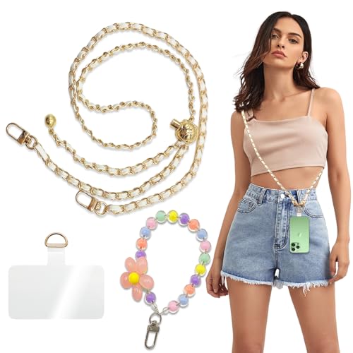 Ohromcoli Handykette Universal - Handy Kette Einstellbar, Handyband zum Umhängen Crossbody, Metal Handy Band zum Umhängen für Smartphones,1 x Handykette,1 x Handgelenkgurt,1 x Aufnäher(Weiß) von Ohromcoli