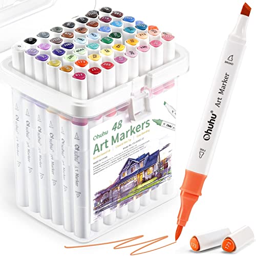 Pinselmarker auf Alkoholbasis, Ohuhu 48-Farben Pinsel & Meißel Doppelspitzen Kunstmarker mit Tragetasche für Künstler Erwachsene Anfänger Skizzieren Zeichnen Färben Landschaft Architektonisches Design von Ohuhu