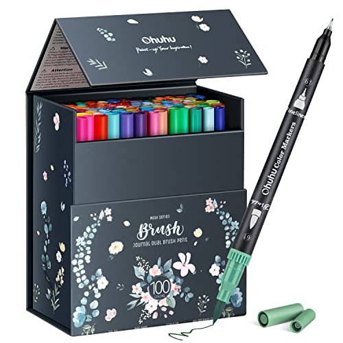 Ohuhu Maui 100 Farben Filzstifte – Dual Brush Pen Set mit Doppelspitze (Pinsel & Fineliner), wasserbasierte Stifte für Erwachsene – Ideal für Bullet Journal, Kalligraphie, Handlettering & Mandala von Ohuhu