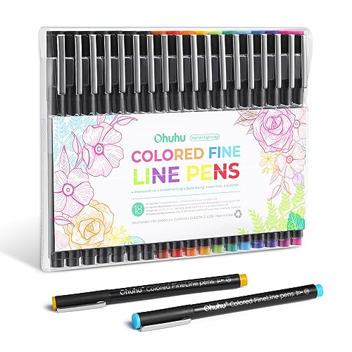Ohuhu Fineliner Farbige Stifte 18 Stück 11 Farben Fineliner 0.45mm & 7 Filzstift Schwarz Verschiedene Spitzengrößen - kein Auslaufen der Tinte glatt für Handlettering Zeichnen Schreiben Skizzieren von Ohuhu
