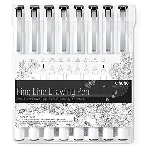 Ohuhu Fineliner Stift, 8er-Pack Ultra-Zeichenstifte, 8 verschiedene Spitzengrößen, 7 Marker mit feiner Spitze & ein Pinsel, schwarze Linienstifte mit feiner Tinte zum Zeichnen von Details von Ohuhu