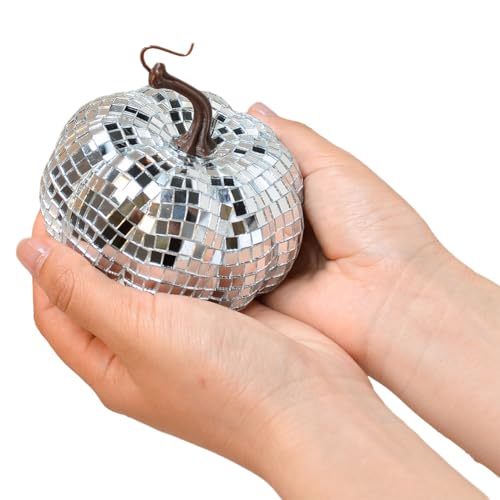 Ohulelks Silberne Verspiegelte Discokugel, Discokugel in Kürbisform, Geeignet für DJ-Clubpartys, Reflektierende Halloween-Kürbiskugel 10 cm von Ohulelks