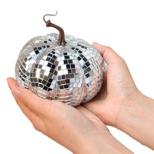 Ohulelks Silberne Verspiegelte Discokugel, Discokugel in Kürbisform, Geeignet für DJ-Clubpartys, Reflektierende Halloween-Kürbiskugel 12 cm von Ohulelks