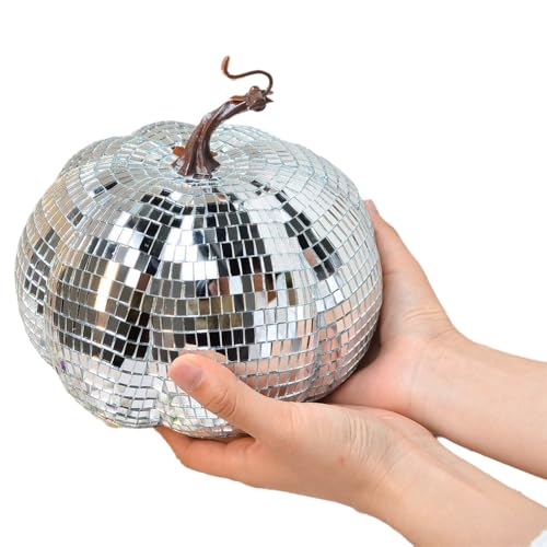 Ohulelks Silberne Verspiegelte Discokugel, Discokugel in Kürbisform, Geeignet für DJ-Clubpartys, Reflektierende Halloween-Kürbiskugel 20 cm von Ohulelks