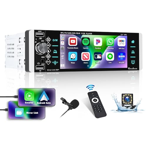 Autoradio 1 Din mit Apple CarPlay Android Auto, 5,1 Zoll Bildschirm MP5 Multimedia Player mit Phone Mirror Link Bluetooth FM Radio SWC AUX EQ USB + Rückfahrkamera & Fernsteuerung & MIC von OiLiehu