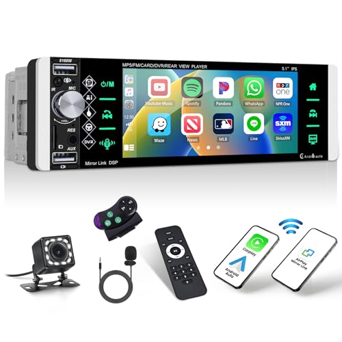 Autoradio 1 Din mit Wireless Apple CarPlay Android Auto, 5,1 Zoll Bildschirm MP5 Multimedia-Player mit Mirror Link Bluetooth FM-Radio SWC AUX-in EQ USB + Rückfahrkamera & Fernsteuerung & MIC von OiLiehu
