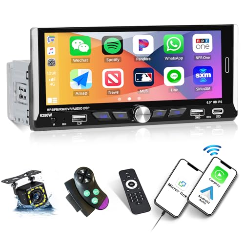 Autoradio 1 Din mit Wireless Apple CarPlay Android Auto, 6,9 Zoll Bildschirm MP5 Multimedia-Player mit Mirror Link Bluetooth FM/RDS Radio Lenkradkontrolle EQ USB Type-C + Rückfahrkamera/MIC von OiLiehu