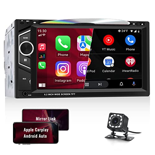 Autoradio 2Din mit CD/DVD-Multimedia Player mit Carplay Android Auto, 6,2 '' Bildschirm MP5 Player mit Mirror Link Bluetooth HiFi/EQ Subwoofer AUX-in TF-Karte SWC FM/AM-Radio + Rückfahrkamera von OiLiehu