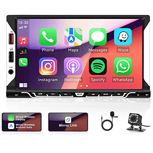 Autoradio 2Din mit Wireless Apple CarPlay Android Auto, 7 Zoll Doppelt Din Bildschirm Autoradio mit Android/IOS Mirror Link Bluetooth FM SWC AUX-in EQ 6 USB-Anschlüsse MP5 Player + Rückfahrkamera von OiLiehu