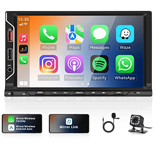 Autoradio 2Din mit Wireless Apple CarPlay Android Auto, 7 Zoll Doppelt Din Bildschirm MP5 Player mit Android/IOS Mirror Link Bluetooth FM SWC AUX-in EQ 6 USB-Anschlüsse + Rückfahrkamera von OiLiehu