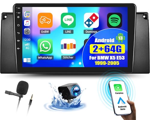 OiLiehu 2G+64G Android 13 Radio 2din Carplay Android Auto für BMW X5 E53 1999-2005 Autoradio Mit Bildschirm 9 Zoll Display Autoradio mit Mirror Link/EQ/Bluetooth/SWC/FM RDS/WiFi/GPS/Rückfahrkamera von OiLiehu