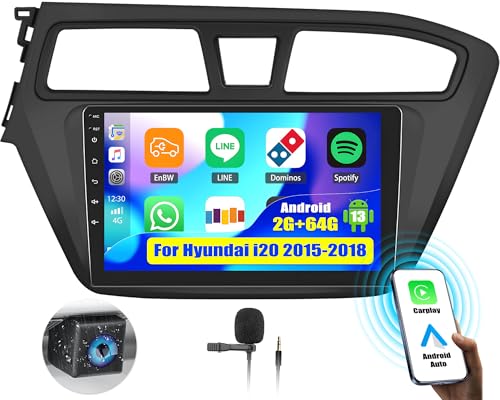 OiLiehu 2G+64G Android 13 Radio 2din Carplay Android Auto für Hyundai i20 2015-2018 Autoradio Mit Bildschirm 9 Zoll Autoradio mit Mirror Link/EQ/Bluetooth/SWC/FM RDS/WiFi/GPS/Rückfahrkamera von OiLiehu