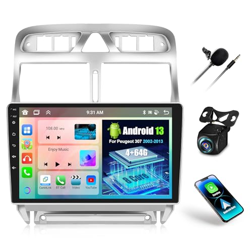 OiLiehu 4+64G 8 Kern Android 13 2Din Radio CarPlay Android Auto für Peugeot 307/307 CC/307 SW 2002-2013 Autoradio Mit Bildschirm 9 Zoll mit Bluetooth GPS FM RDS WiFi SWC DSP/EQ+Rückfahrkamera von OiLiehu